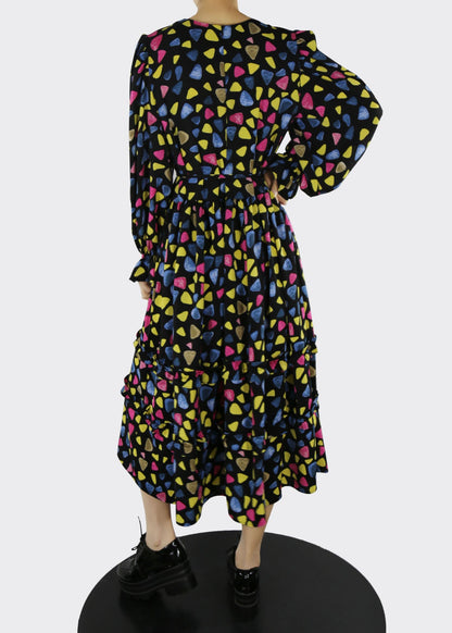 Unique Black O-neck Cinched Print Long Dresses Spring