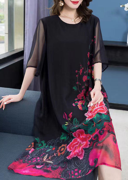 Unique Black O Neck Print Patchwork Chiffon Dresses Summer