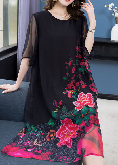 Unique Black O Neck Print Patchwork Chiffon Dresses Summer