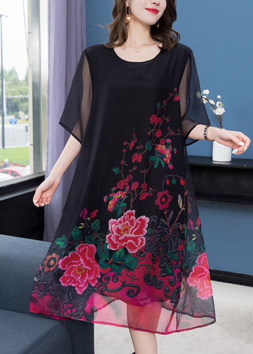 Unique Black O Neck Print Patchwork Chiffon Dresses Summer