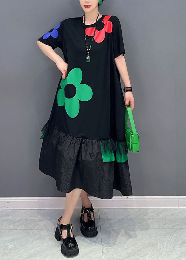 Unique Black O Neck Wrinkled Patchwork Cotton Dress Summer