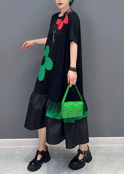 Unique Black O Neck Wrinkled Patchwork Cotton Dress Summer