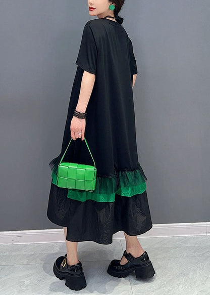 Unique Black O Neck Wrinkled Patchwork Cotton Dress Summer