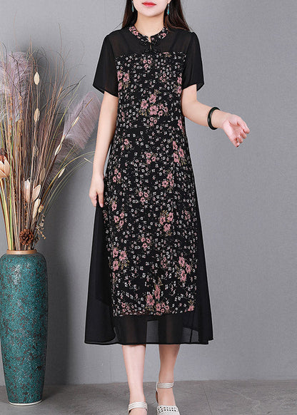Unique Black O-neck Print Button Tulle Long Dress Short Sleeve