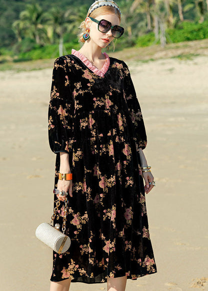 Unique Black O-neck Print Patchwork Silk Velour Maxi Dress Long Sleeve