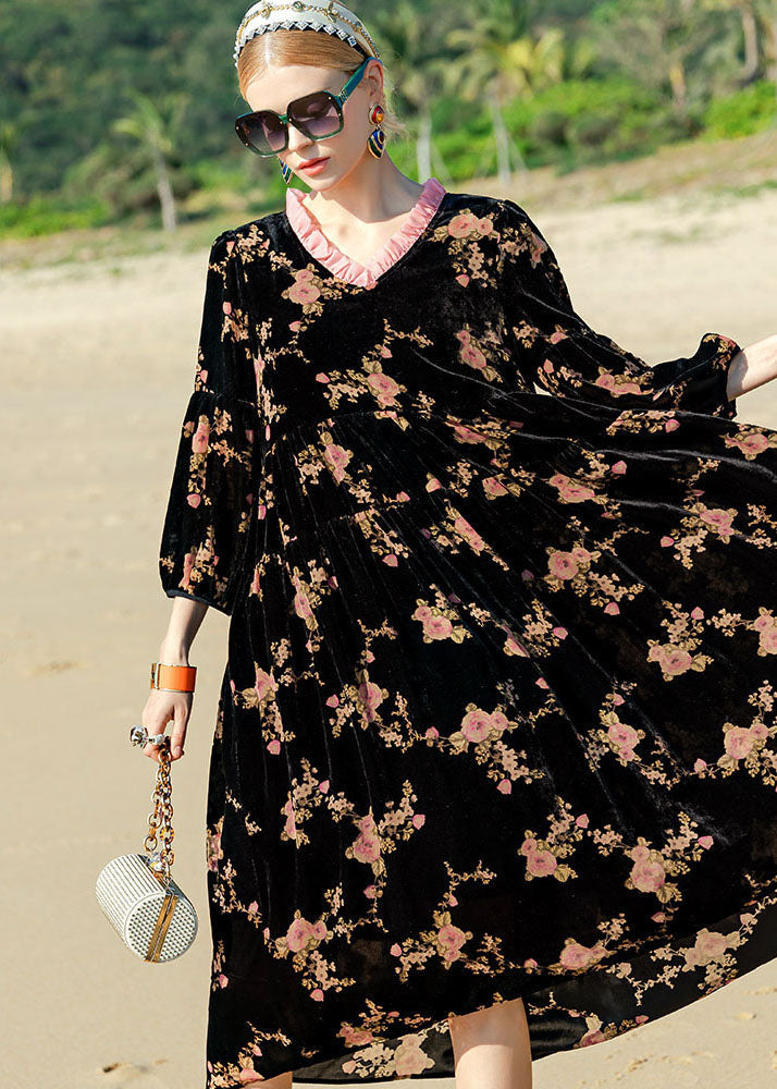 Unique Black O-neck Print Patchwork Silk Velour Maxi Dress Long Sleeve