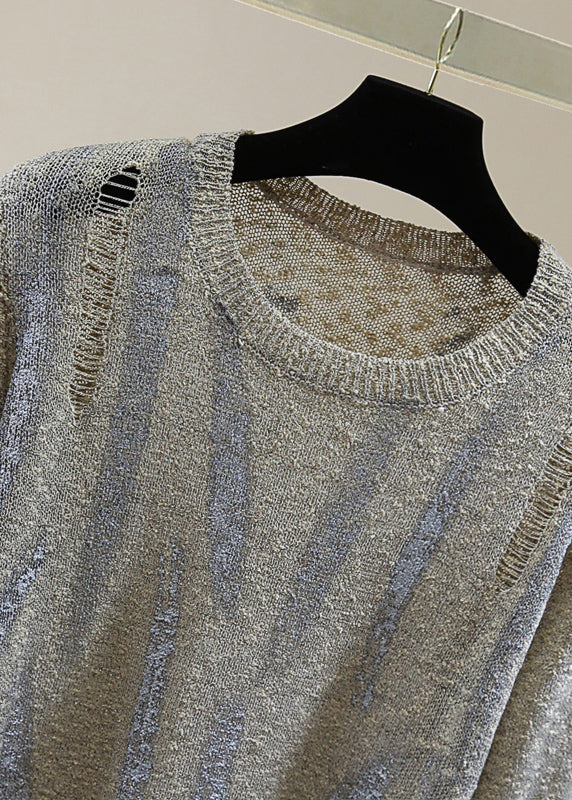Unique Black O-neck Striped Hole Cotton Knit Sweaters Spring