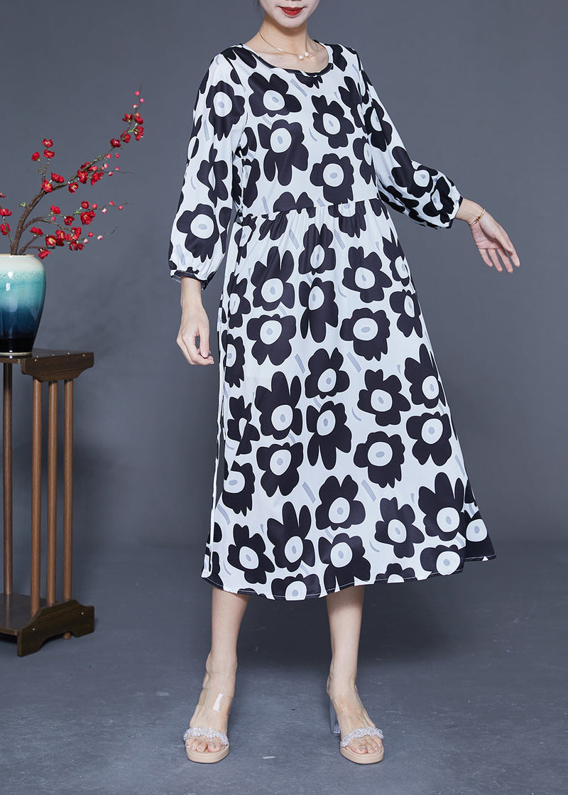 Unique Black O-neck Sunflower Print Silk Dresses Bracelet Sleeve