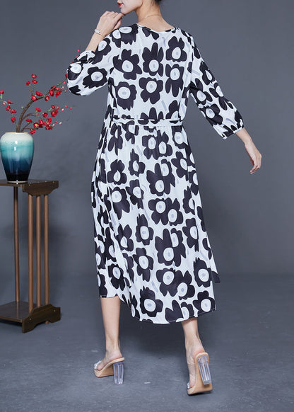 Unique Black O-neck Sunflower Print Silk Dresses Bracelet Sleeve
