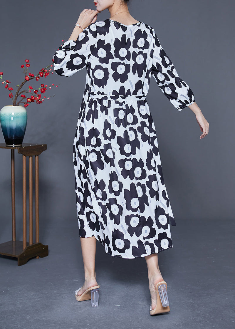 Unique Black O-neck Sunflower Print Silk Dresses Bracelet Sleeve