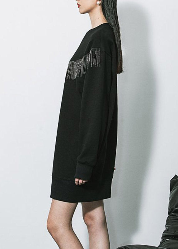 Unique Black O-neck Tassel Sequins Cotton Mid Dresses Long Sleeve