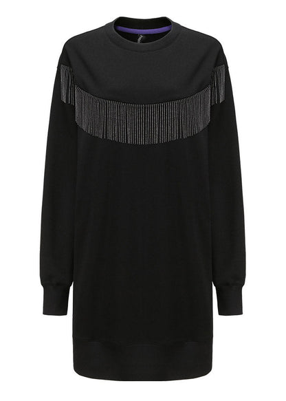 Unique Black O-neck Tassel Sequins Cotton Mid Dresses Long Sleeve