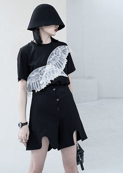 Unique Black O Neck Wing Embroideried Patchwork Cotton Tank Tops Summer