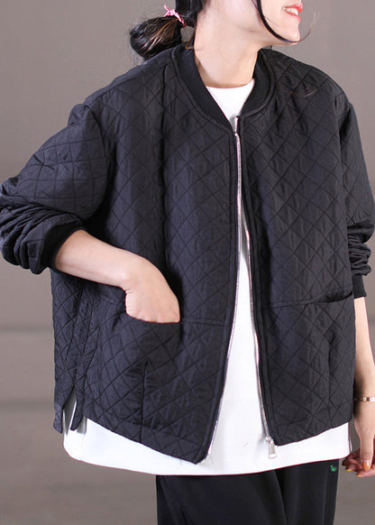 Unique Black O-neck Zippered Pockets Plaid Cotton Coat Long Sleeve