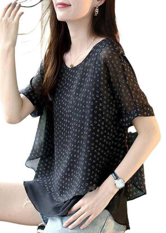 Unique Black O-neck Layered Design Letter Print Chiffon Tops Short Sleeve