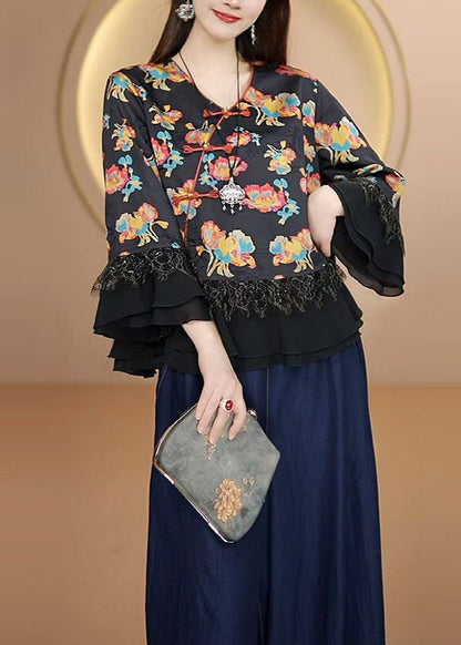 Unique Black Oriental Button Patchwork Silk Blouses Fall