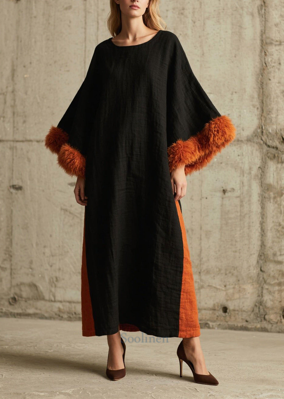 Unique Black Oversized Patchwork Faux Fur Maxi Dresses Flare Sleeve