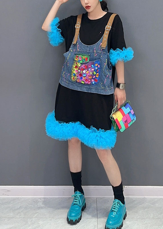 Unique Black Patchwork Blue O-neck Tulle Mid Dresses Summer