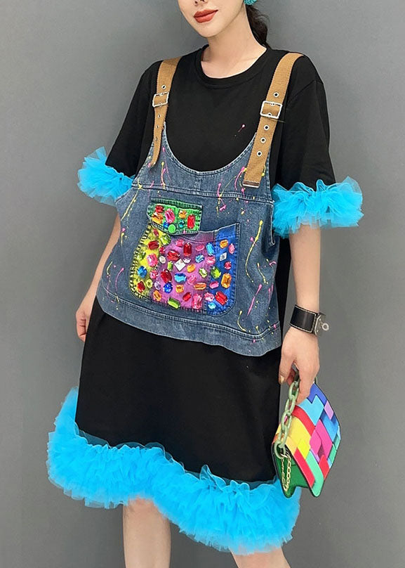 Unique Black Patchwork Blue O-neck Tulle Mid Dresses Summer