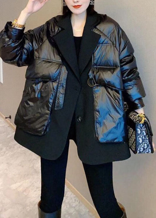 Unique Black Patchwork Button Drawstring Winter Duck Down Coats