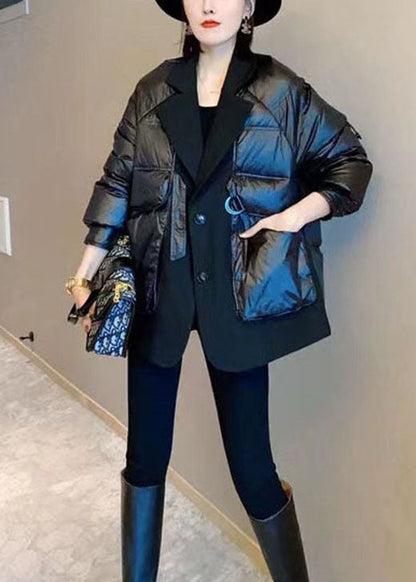 Unique Black Patchwork Button Drawstring Winter Duck Down Coats