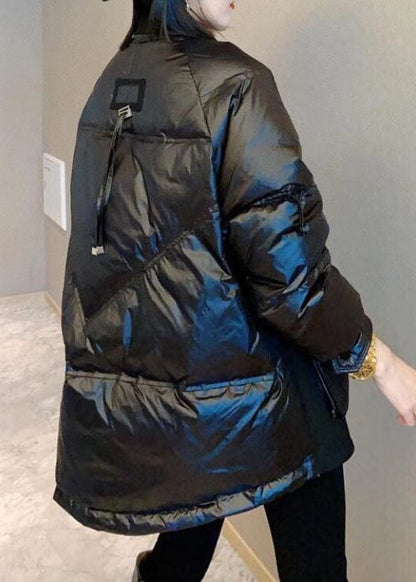 Unique Black Patchwork Button Drawstring Winter Duck Down Coats