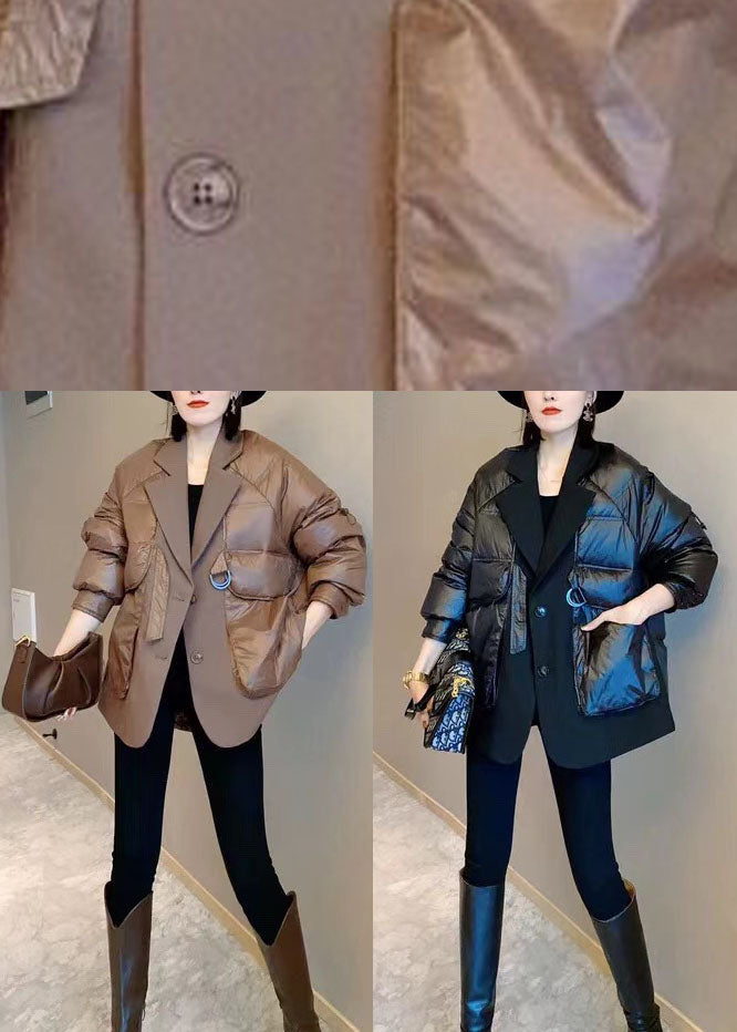 Unique Black Patchwork Button Drawstring Winter Duck Down Coats