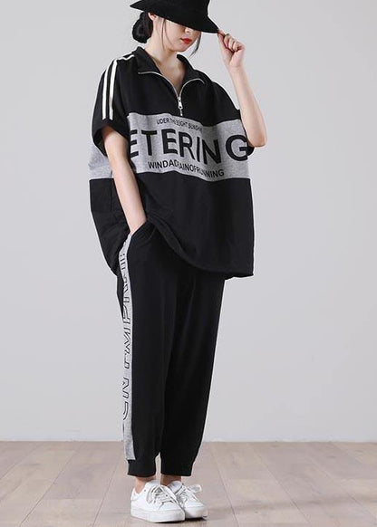 Unique Black Patchwork Cotton Summer Two Piece Set Women Clothing