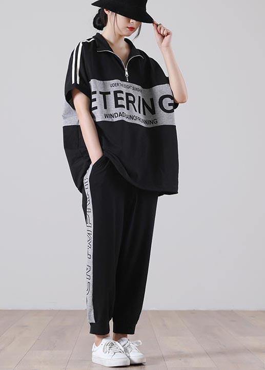 Unique Black Patchwork Cotton Summer Two Piece Set Clothing