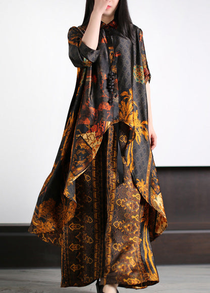 Unique Black Peter Pan Collar Asymmetrical Button Silk Long Shirts and Wide Leg Pants Two Pieces Set Summer