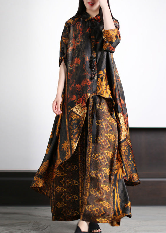 Unique Black Peter Pan Collar Asymmetrical Button Silk Long Shirts and Wide Leg Pants Two Pieces Set Summer