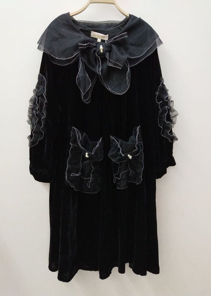 Unique Black Peter Pan Collar Organza Patchwork Silk Velour a Line Dresses Spring