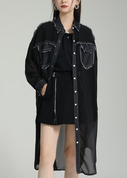 Unique Black Peter Pan Collar Pockets Patchwork Chiffon Upf 50+ Coats Summer
