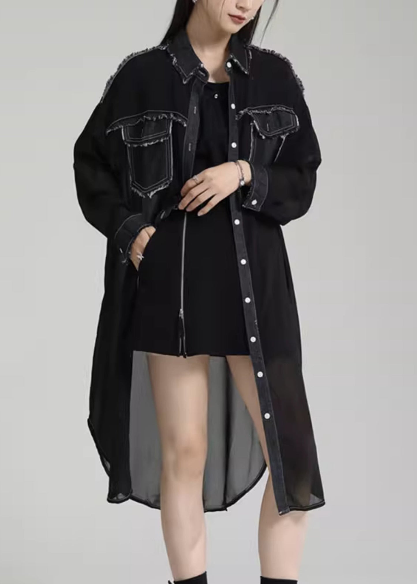 Unique Black Peter Pan Collar Pockets Patchwork Chiffon Upf 50+ Coats Summer