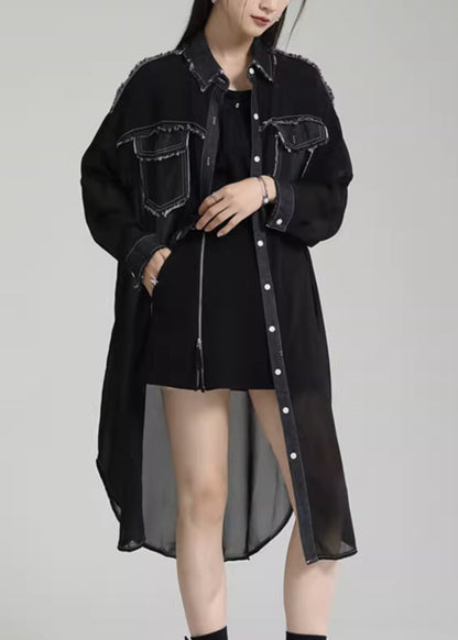 Unique Black Peter Pan Collar Pockets Patchwork Chiffon Upf 50+ Coats Summer