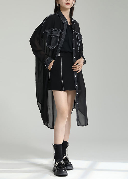 Unique Black Peter Pan Collar Pockets Patchwork Chiffon Upf 50+ Coats Summer