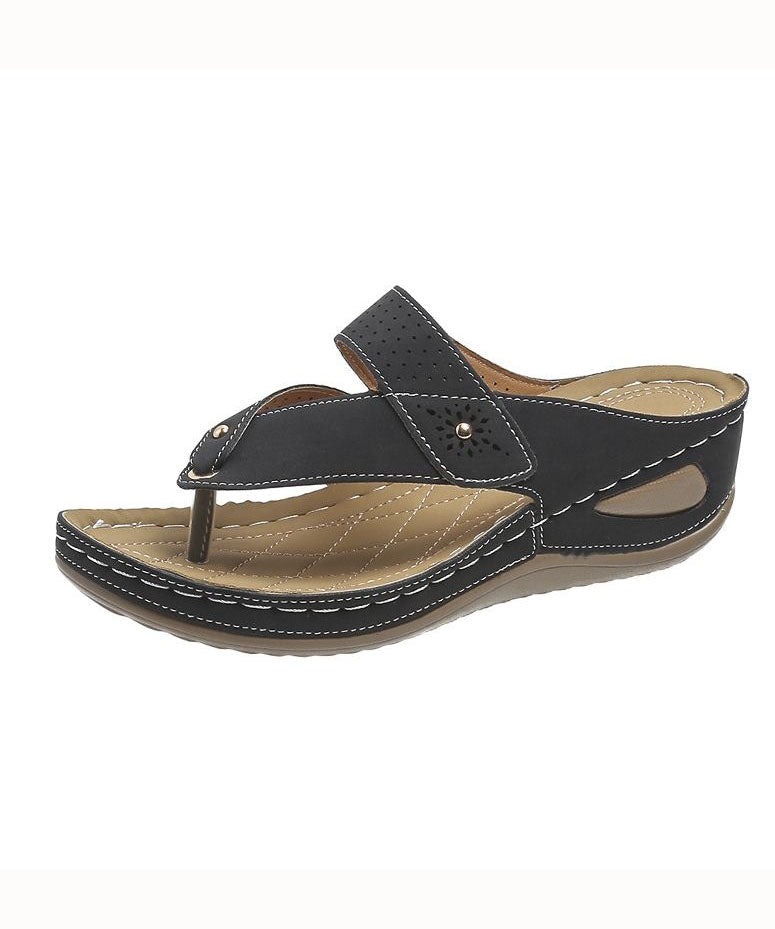 Unique Black Splicing Wedge Thong Sandals Faux Leather