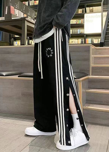 Unique Black Pockets Striped Side Open Cotton Pants Fall