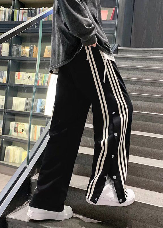 Unique Black Pockets Striped Side Open Cotton Pants Fall