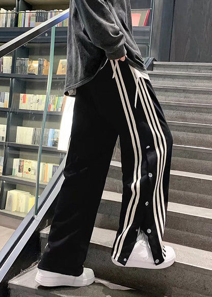 Unique Black Pockets Striped Side Open Cotton Pants Fall