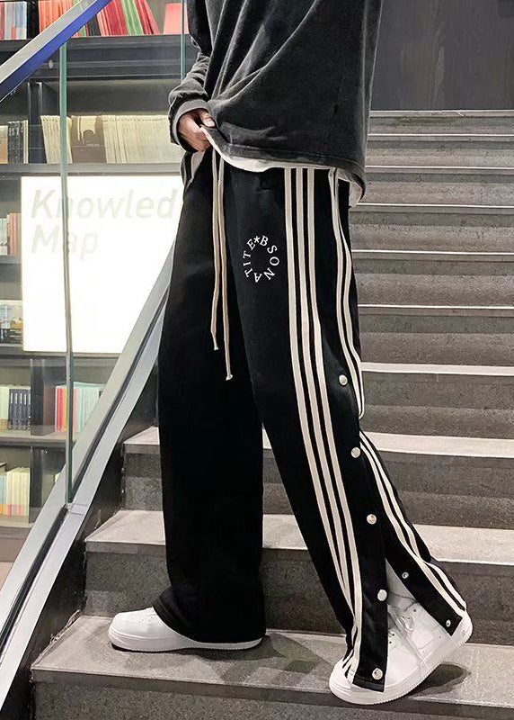 Unique Black Pockets Striped Side Open Cotton Pants Fall