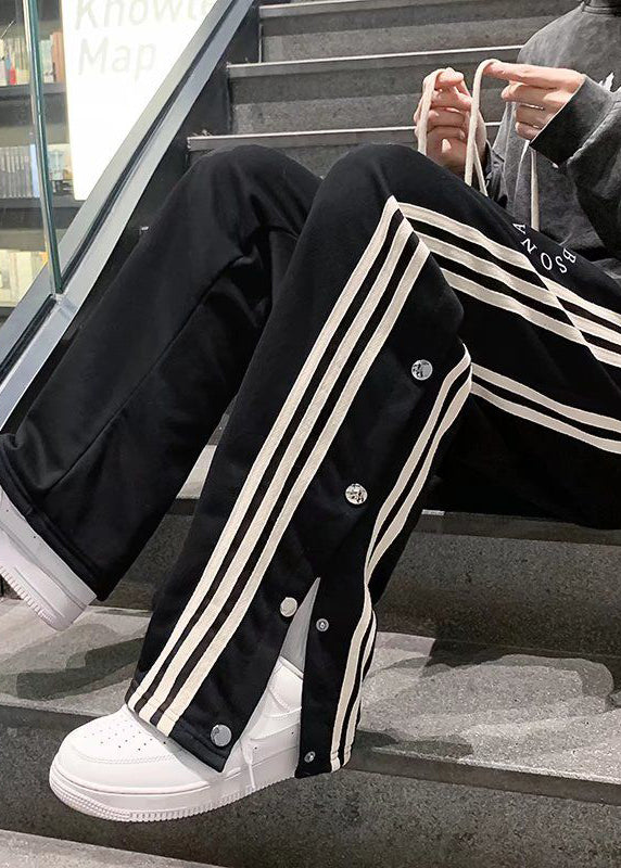 Unique Black Pockets Striped Side Open Cotton Pants Fall