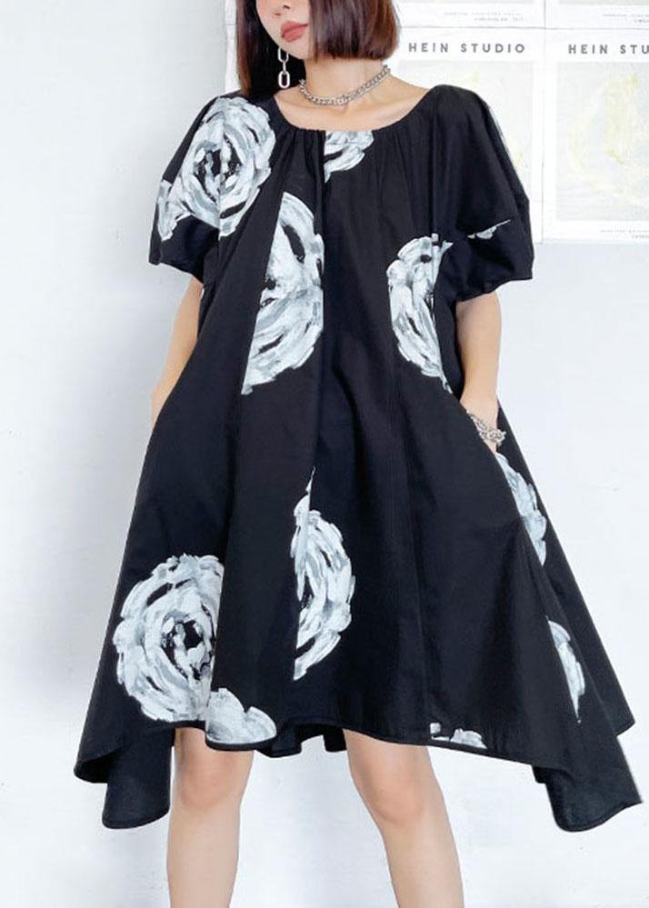 Unique Black Print O Neck Cotton Puff Sleeve Mini Dress Summer