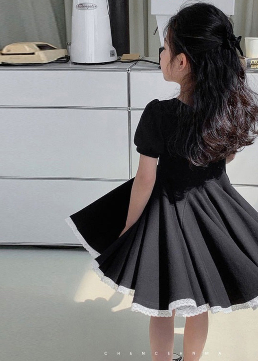 Unique Black Square Collar Lace Patchwork Button Cotton Party Maxi Dress Short Sleeve