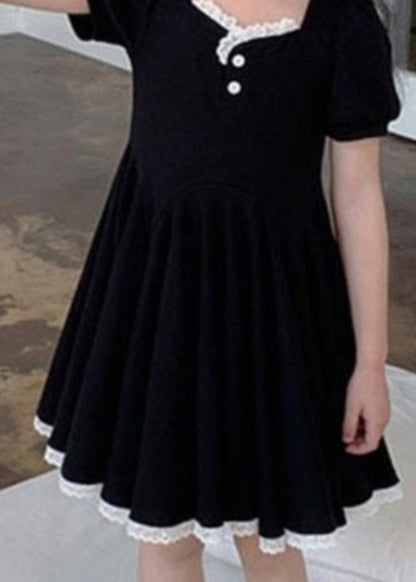 Unique Black Square Collar Lace Patchwork Button Cotton Party Maxi Dress Short Sleeve