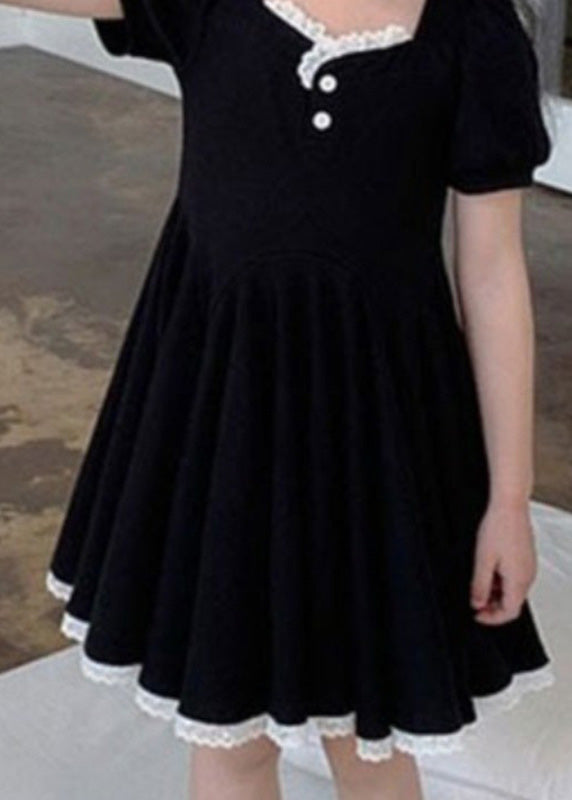 Unique Black Square Collar Lace Patchwork Button Cotton Party Maxi Dress Short Sleeve
