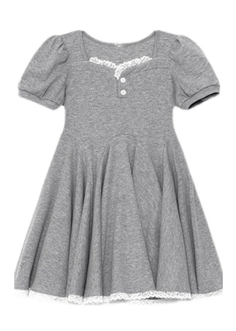 Unique Black Square Collar Lace Patchwork Button Cotton Party Maxi Dress Short Sleeve