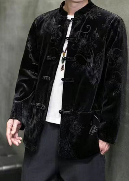 Unique Black Stand Collar Print Button Silk Velour Coat Long Sleeve
