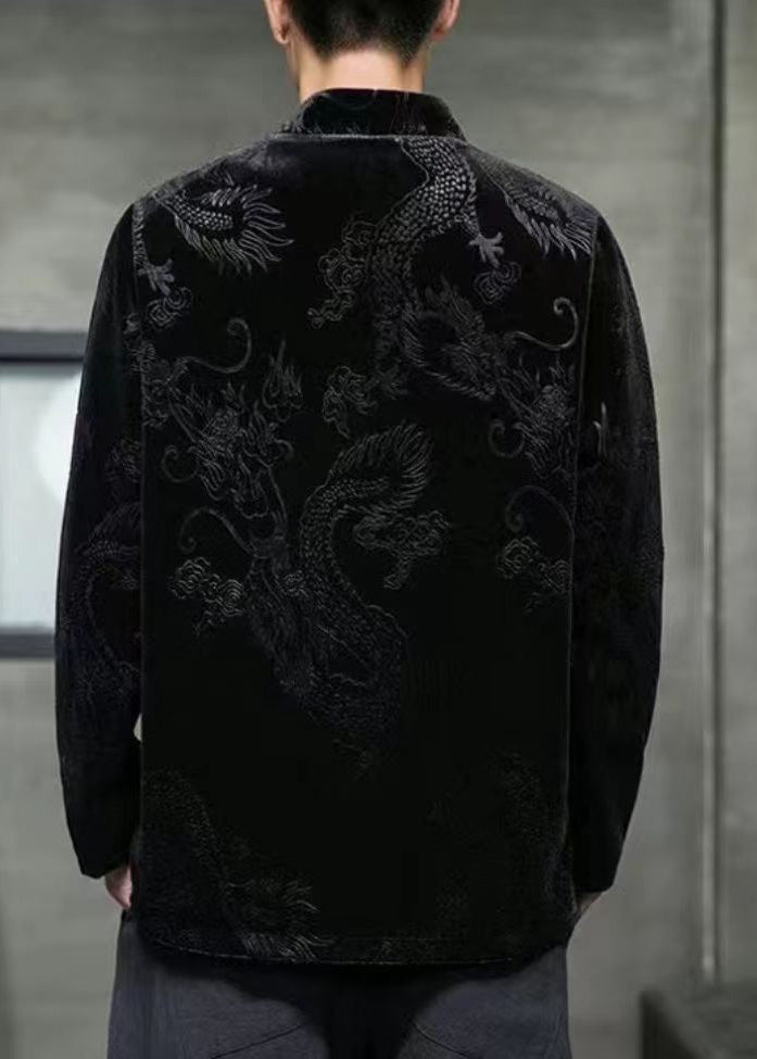 Unique Black Stand Collar Print Button Silk Velour Coat Long Sleeve