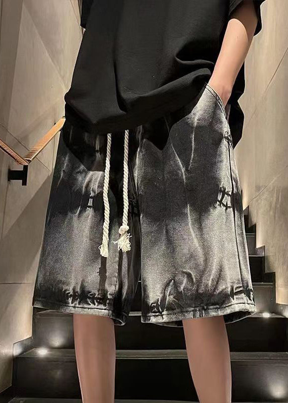 Unique Black Tie Dye Drawstring Denim Shorts Summer